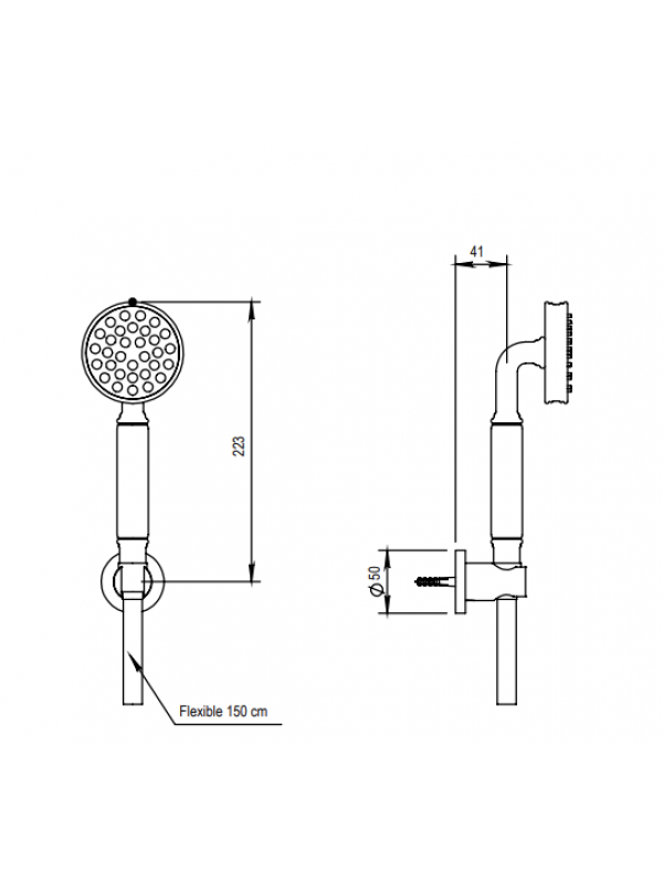 Garniture de douche avec douchette, flexible et crochet mural - ZEPHYR - HORUS - 16.582_garniture_de_douche_douchette_flexible_zephyr_horus_dimension
