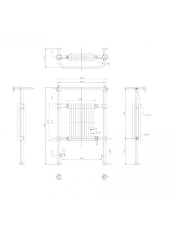 Sèche-Serviettes Burlington Trafalgar Chrome 475W - dessin_technique_burlington_seche_serviette_trafalgar