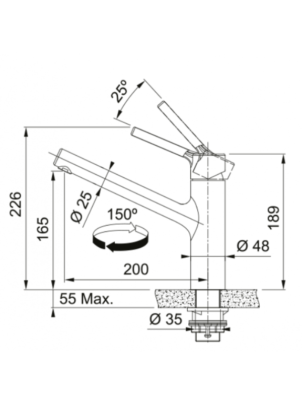 Piéces détachées TAROS NEO BEC - FRANKE - dimensions_robinet_franke_115.0596.320_taros_neo_bec