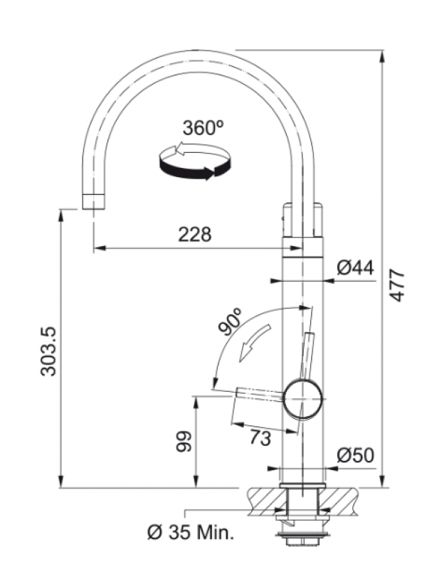 Piéces détachées VITAL EAU FILTREE BEC - FRANKE - dimensions_robinet_franke_120.0621.312_vital_eau_filtre_bec