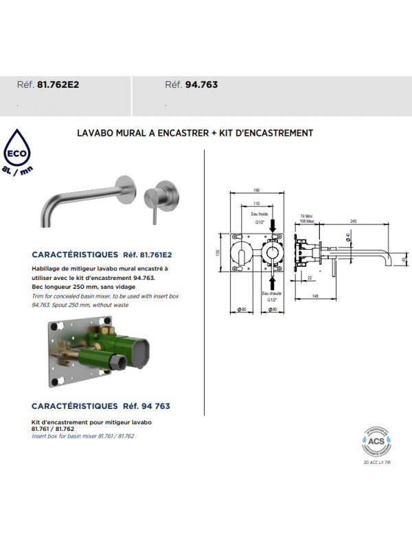 Habillage de Mitigeur Lavabo Mural à encastrer - HORUS - fiche_technique_81.762