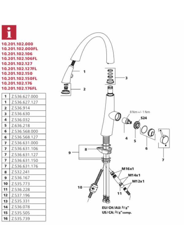 Nipple de transition M12/M14 - KWC - kwc_zoe_mitigeur_cuisine_schema
