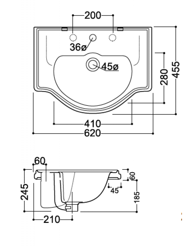 LAVABO CERAMIQUE CHAMBORD A ENCASTRER - labao_encastre_ondyna_chambord_wch10-30_schema