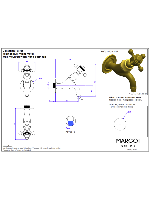 CIRCE - Robinet Mural Lave Mains CHROME BRILLANT - CIRCE - MARGOT - margot_circe__robinet_mural_lave-main_m20-4ws1_schema