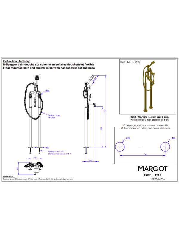 Mélangeur bain douche sur colonnes - INDUSTRY - MARGOT - margot_me_langeur_bain_douche_industry_m81-3309_schema