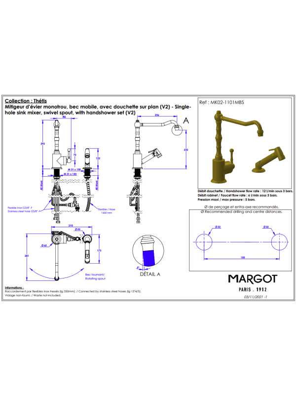 Mitigeur Evier rétro bec haut avec douchette - THÉTIS - MARGOT - margot_mitigeur_evier_bec_haut_mk02_1101mb_schema