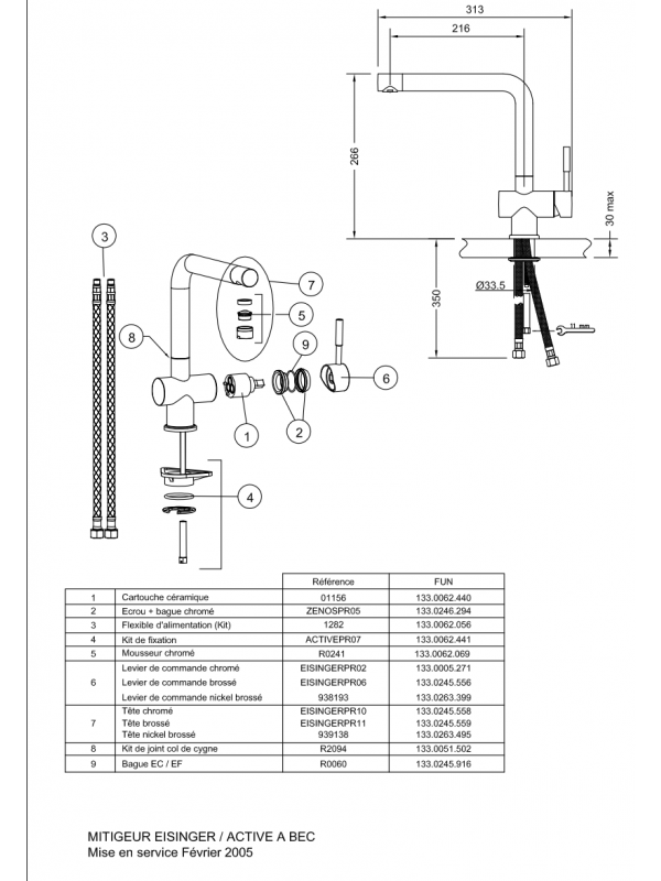 Piéces détachées ACTIVE à bec 059296 / 059302 - FRANKE - mitigeur_franke_active_bec_schema