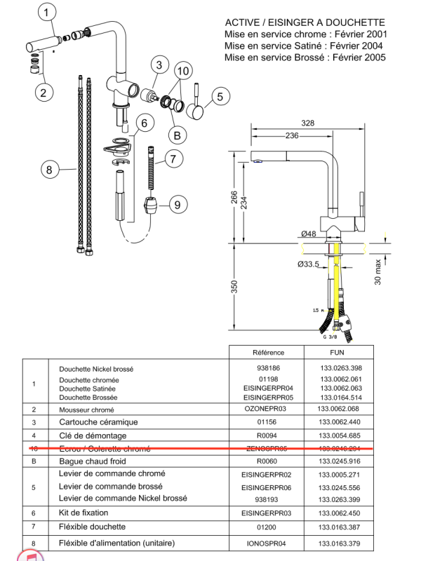 Piéces détachées Active Douchette / Eisinger - FRANKE - mitigeur_franke_active_douchette_037935_059289_schema_1_2_1