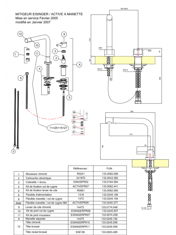 Piéces détachées Active à manette 059258 - mitigeur_franke_active_manette_059258_schema