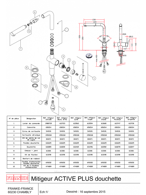 Piéces détachées ACTIVE PLUS 601973 - mitigeur_franke_active_plus_601973_schema