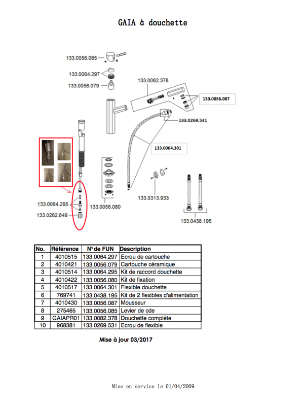 Piéces détachées GAIA Douchette 037094 - mitigeur_franke_gaia_090242_schema