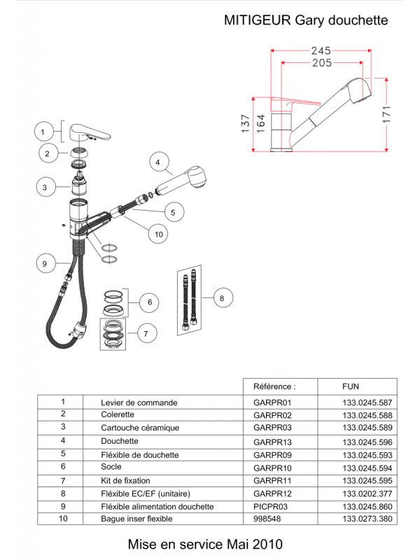 Piéces détachées GARY Douchette 100288 - mitigeur_franke_gary_100288_schema