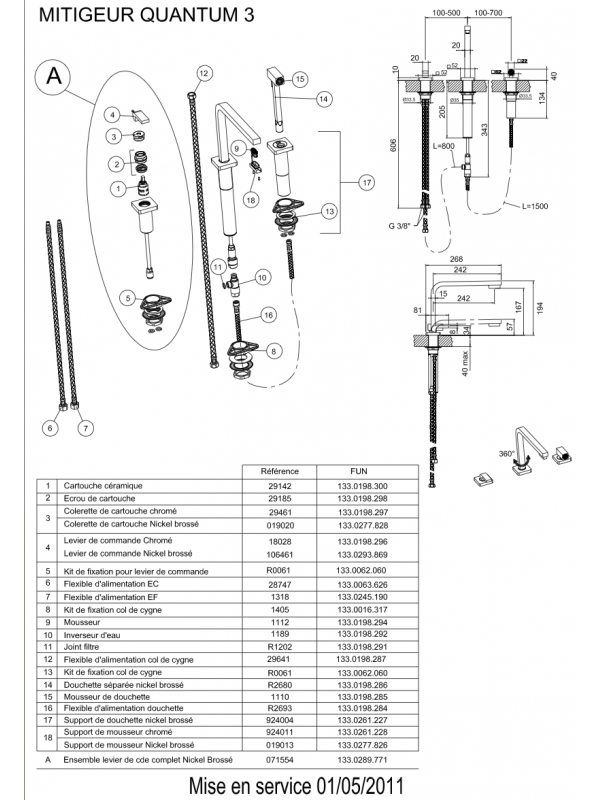 Ensemble levier de commande QUANTUM 2 et 3 - Nickel Brossé - FRANKE - mitigeur_franke_quantum_3_521814_schema_1_2