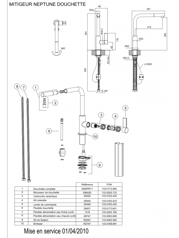 Piéces détachées NEPTUNE 414567/414574  - mitigeur_neptune_414567_414574_franke_schema