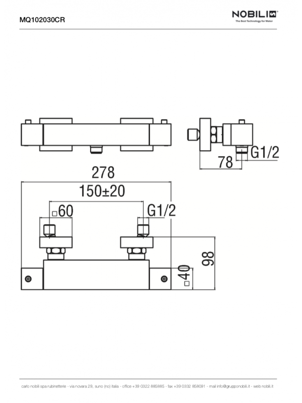 MIA Thermostatique Mitigeur Douche Chrome - mq102030cr_nobili_thermostatique_douche_gamme_mia_schema