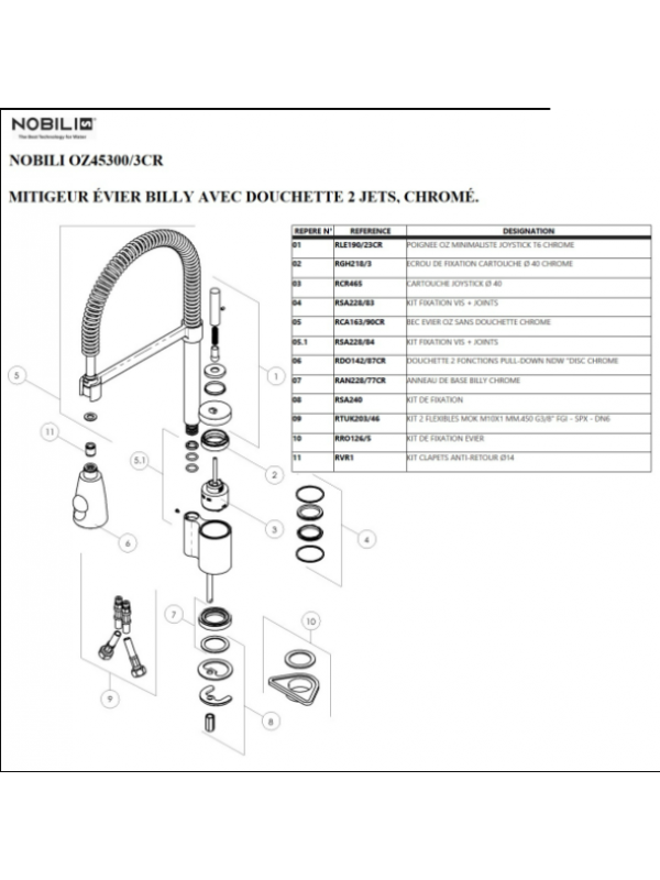 Kit fixage vis + joints - BILLY - NOBILI - nobili_mitigeur_billy_oz45300_schema