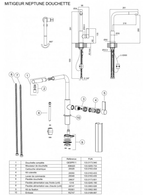 Piéces détachées NEPTUNE Douchette - FRANKE - piece_detachee_neptune_douchette_robinet_franke_115.0150.242