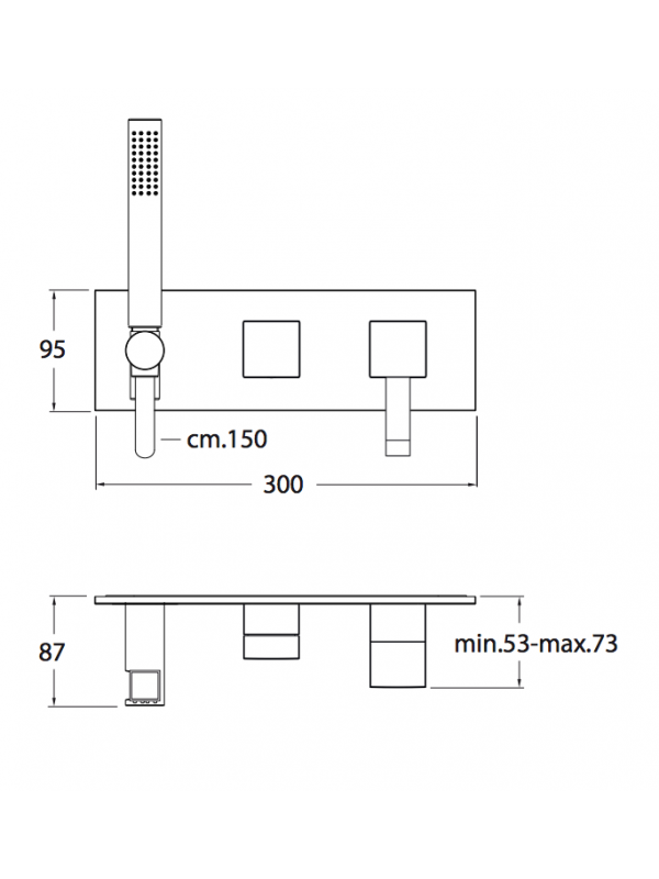 QUADRI FACADE 3 SORTIES MITIGEUR DOUCHE/BAIN-DOUCHE CHROME - plan_facade_externe_quadri_douche_murale_sorties_sans_mecanisme_qm61051