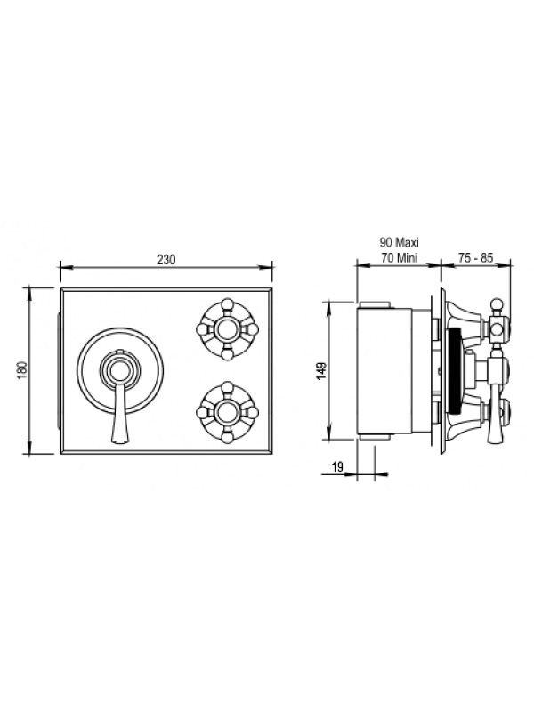 FACADE MITIGEUR THERMOSTATIQUE ASCOTT 2 SORTIES  - plan_facade_mitigeur_thermostatique_encastre_3_sorties_92_597