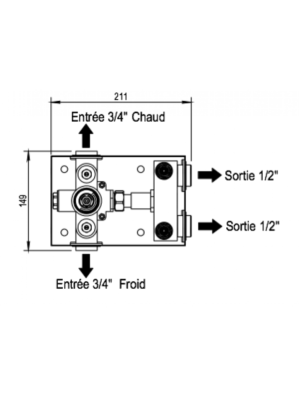 MECANISME BOX MITIGEUR THERMOSTATIQUE ENCASTRE 2 SORTIES + 1 - plan_mecanisme_box_mitigeur_thermostatique_encastre_3_sorties_92_597