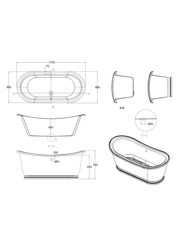 Baignoire Ilot ADMIRAL A DOUBLE EXTREMITE  1650/1800 mm - schema_baignoire_acrylique_admiral_1800mm_burlington