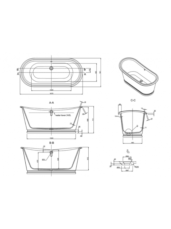Baignoire Ilot BALTHAZAR A DOUBLE EXTREMITE  1675 MM - schema_baignoire_balthazar_burlington_1