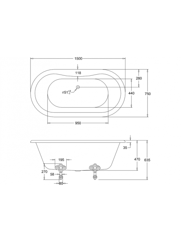 Baignoire Ilot WINDSOR BURLINGTON - schema_baignoire_retro_windsor_150_cm_burlington-e4