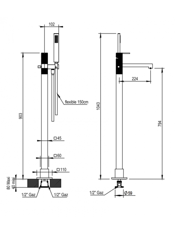 Bain-douche sur colonnes MYRIAD pour baignoire îlot - schema_bain_douche_sur_colonnes_myriad_pour_baignoire_a_pieds_55_798_ch