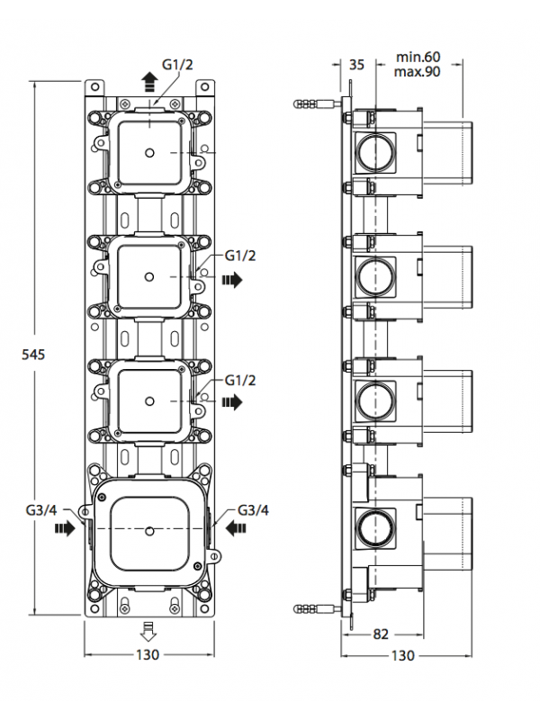 BATI 3 SORTIES MECANISME BOX THERMOSTATIQUE ENCASTRE  - schema_bati_mecanisme_box_thermostatique_encastre_3_sorties_pd70300