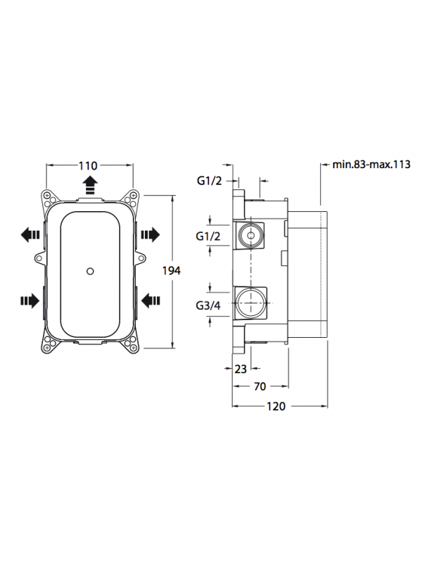 FAÇADE QUADRI 3 SORTIES THERMOSTATIQUE BLANC MAT - schema_box_pd80000_quadri_mitigeur_douche_thermostatique_2_sorties_laiton_chrome_pour_qx85251_1_1_1