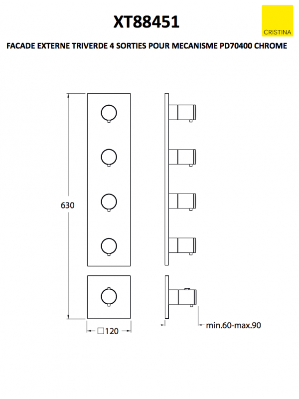 FAÇADE 4 SORTIES THERMOSTATIQUE DOUCHE TRIVERDE  - schema_douche_laiton_triverde_thermostatique_2_sorties_sans_mecanisme_xt88451