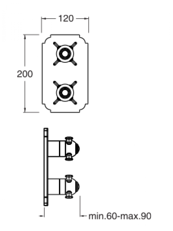 FAÇADE CHAMBORD THERMOSTATIQUE 2 SORTIES SANS MECANISME CHROME - schema_facade_douche_encastree_chambord_thermostatique_2_sorties_sans_mecanisme_xc85251_ondyna_2