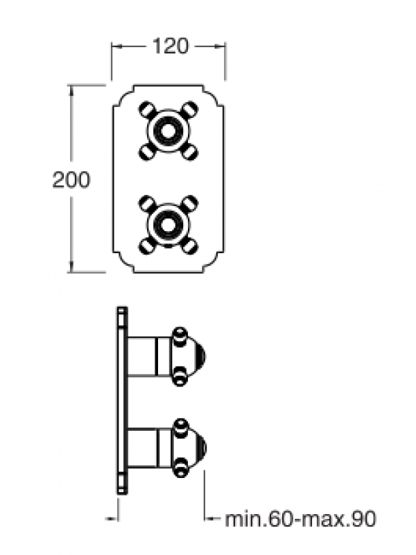FAÇADE PARIGI THERMOSTATIQUE 2 SORTIES SANS MECANISME - schema_facade_douche_encastree_parigi_thermostatique_2_sorties_sans_mecanisme_xp85251_ondyna