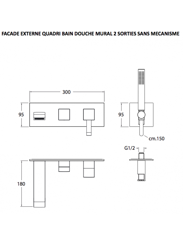 FACADE CHROME QUADRI 2 SORTIES MITIGEUR BAIN DOUCHE  MURAL ENCASTRE  - schema_facade_mitigeur_bain_douche_quadri_2_sorties_mural_encastre_qm10851_