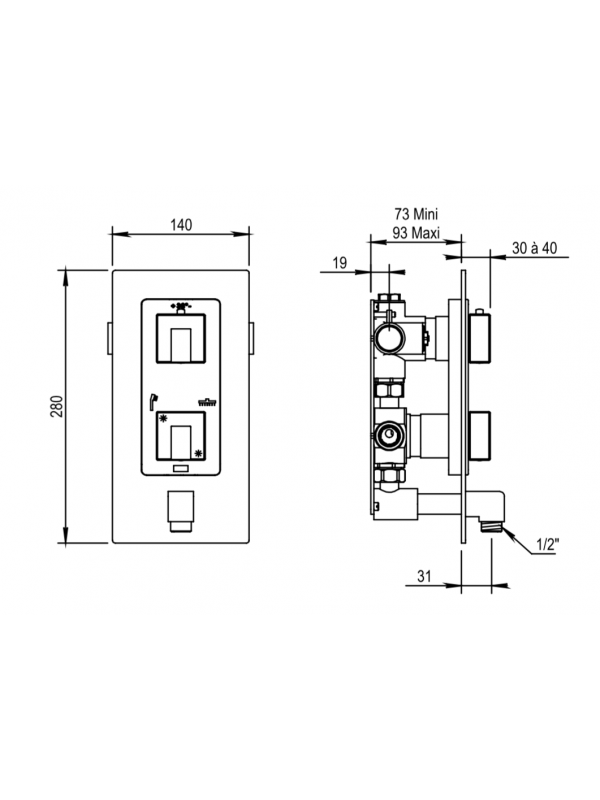 Façade mitigeur thermostatique à encastrer MYRIAD  2 sorties - schema_facade_mitigeur_thermostatique_douche_myriad_55_504_ch