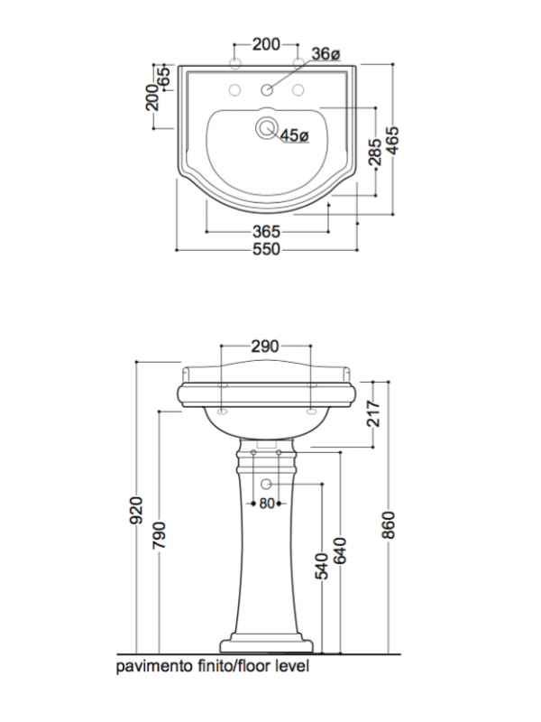 LAVABO  RETRO CHAMBORD  1 TROU WCH5547 CERAMIQUE - schema_lavabo_retro_chambord_ondyna_wch5547