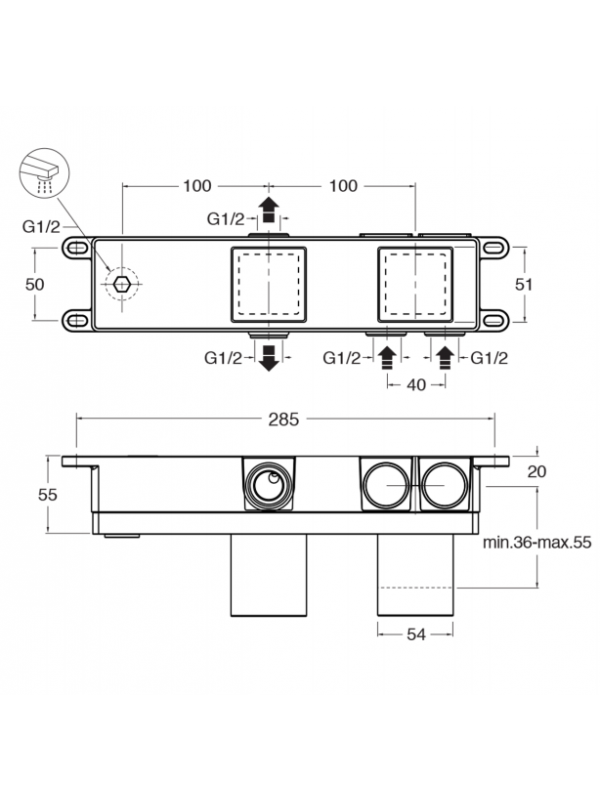 BATI MECANISME BOX THERMOSTATIQUE ENCASTRE 3 SORTIES  - schema_mecanisme_box_encastre_mitigeur_themostatique_douche_3_voies_cs10000_ondyna