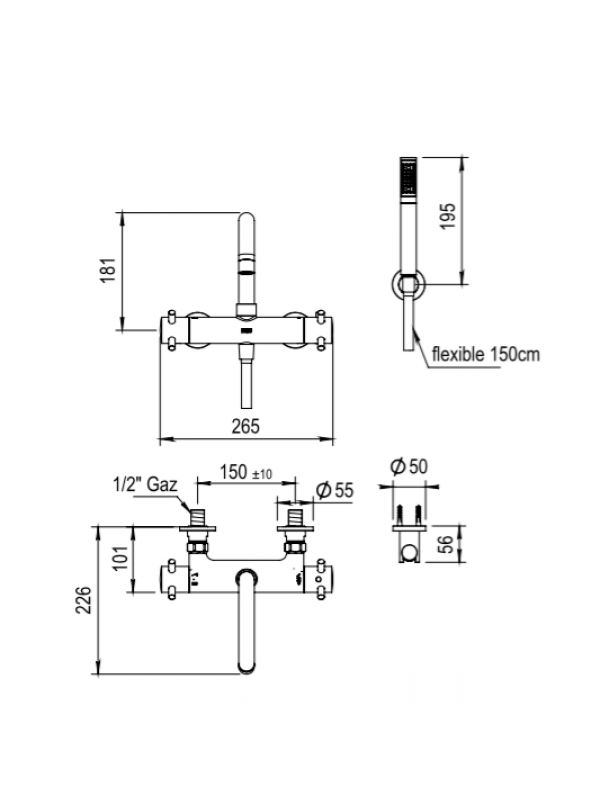 MITIGEUR BAIN-DOUCHE THERMOSTATIQUE MINOE  - schema_mitigeur_bain_douche_thermostatique_mural_complet_avec_croisillons_47_714_49714
