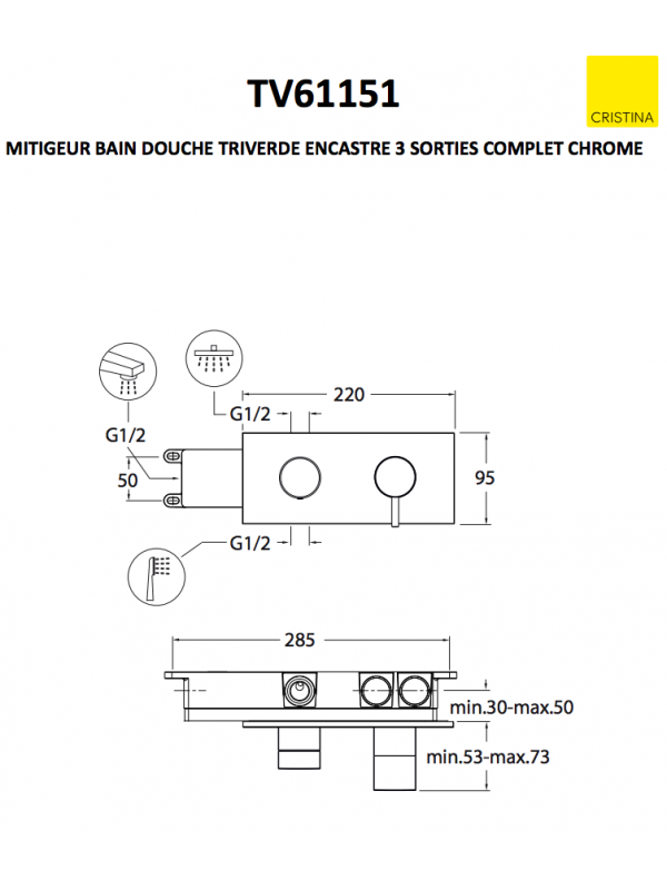MITIGEUR DOUCHE / BAIN-DOUCHE  3 SORTIES CHROME COMPLET TRIVERDE ENCASTRE - schema_mitigeur_douche_bain-douche_complet_triverde_encastre_3_sorties_chrome_tv61151