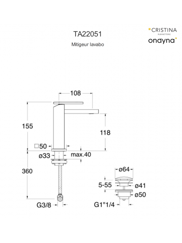 MITIGEUR LAVABO TABULA monotrou - schema_mitigeur_lavabo_tabula_chrome_h_155_mm_ondyna_ta22051