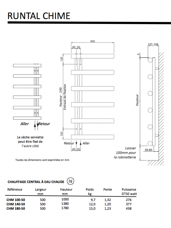 CHIME INOX - Chauffage Central - ACOVA - schema_radiateur_seche_serviettes_inox_runtal_chime