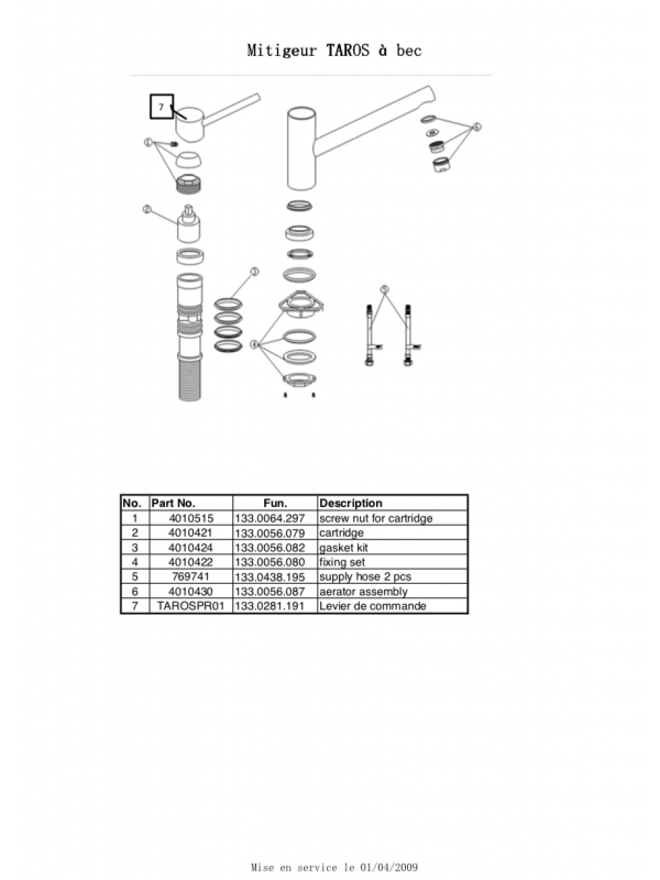 Piéces détachées TAROS 037124 - sh_ma_technique_mitigeur_taros_037123-franke