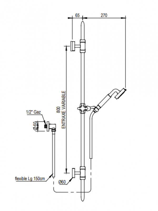 Sortie de douche avec rail, flexible et douchette - ZEPHYR - HORUS - sortie_douche_rail_flexible_et_douchette_horus_zephyr_16.532_dimension_et_schema
