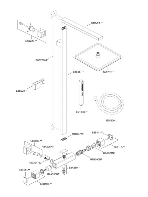 Piéces détachées STRAYT Colonne de Douche E98321-CP - Jacob DLAFON - vue_eclat_e_colonne_de_douche_strayt_jacob_delafon_e98321-cp