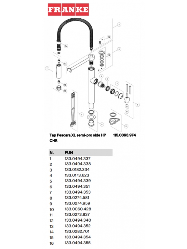 Piéces détachées PESCARA XL Semi Pro Douchette - FRANKE - vue_eclat_e_robinet_pescara_xl_semi_pro_franke_115.0393.974