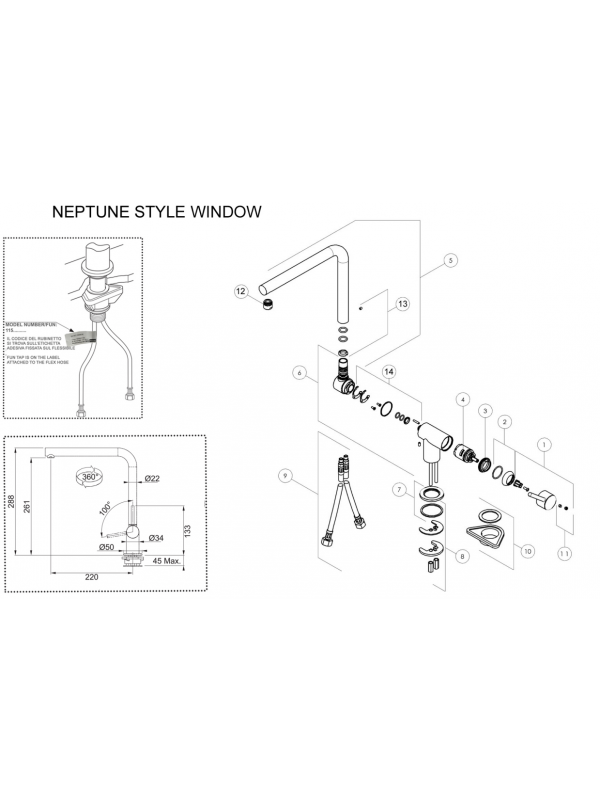 Piéces détachées NEPTUNE RABATTABLE BEC - FRANKE - vue_eclatee_robinet_neptune_franke
