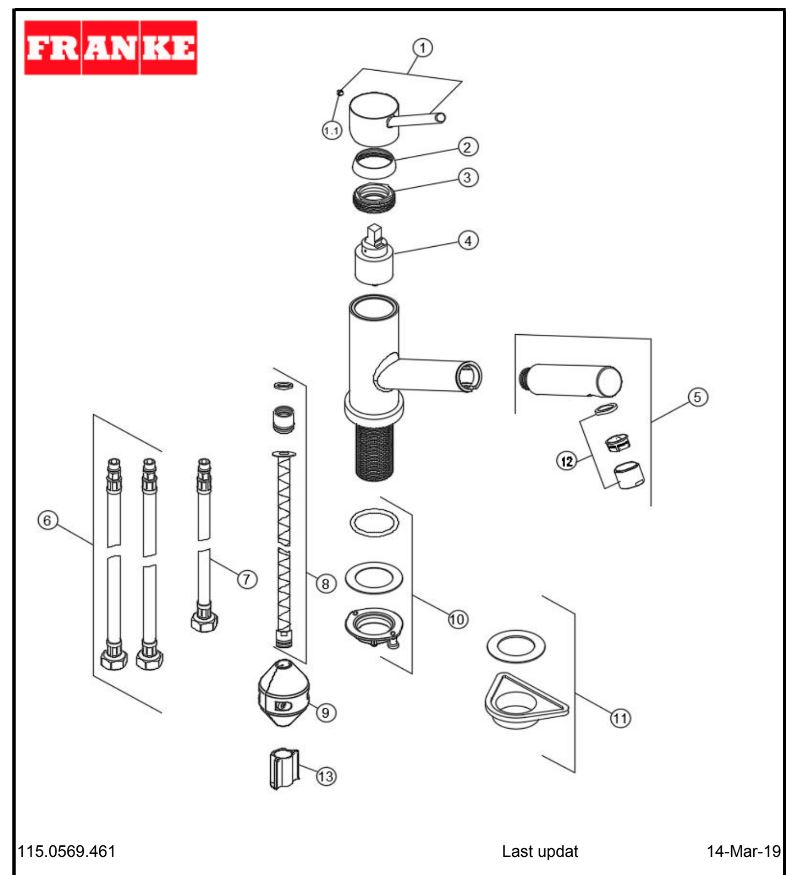 Vue eclaté robinet ORBIT de FRANKE