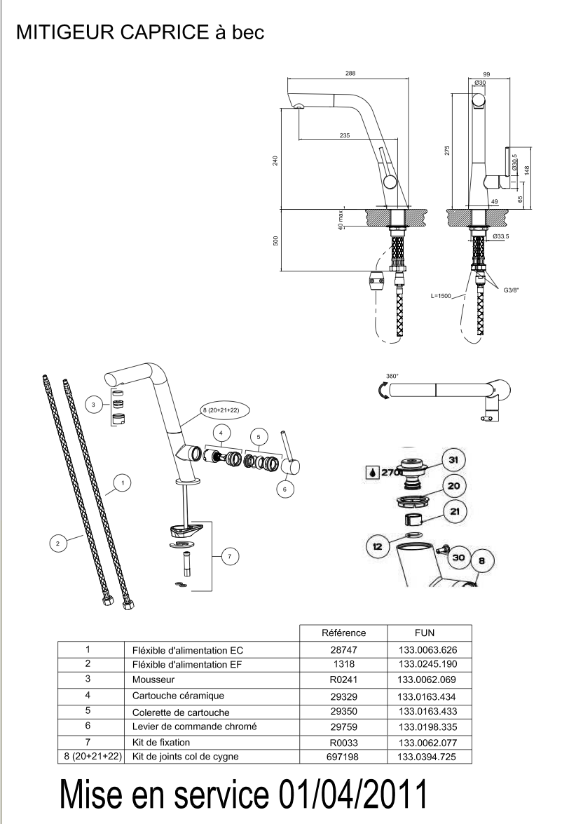 Vue éclatée Robinet Caprice 521906 FRANKE