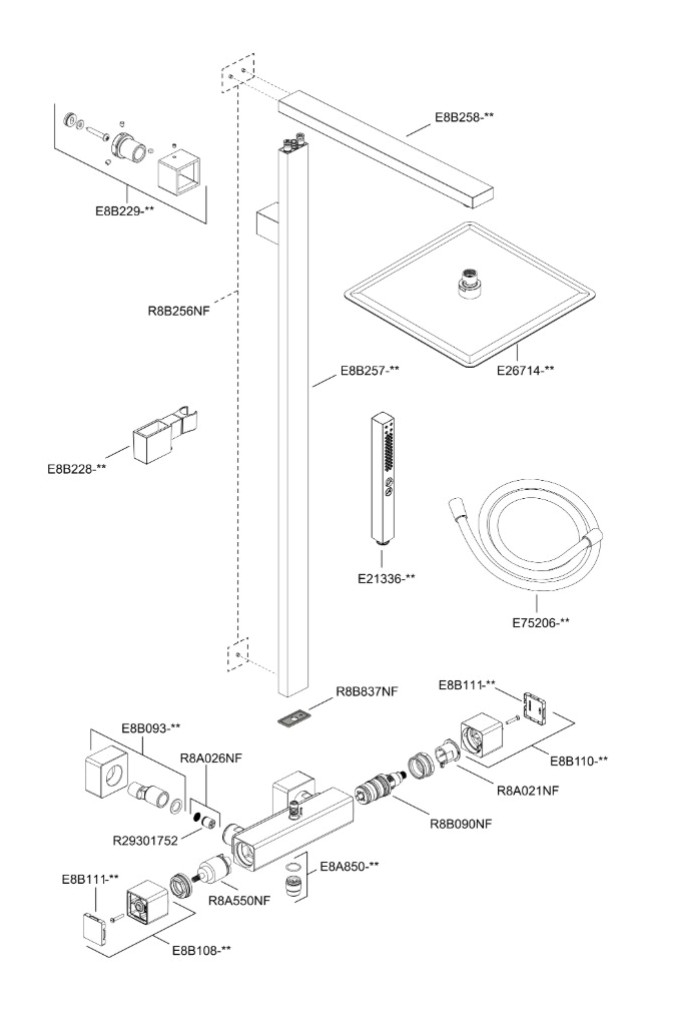 Vue eclat&eacute;e colonne de douche strayt jacob delafon E98321-CP