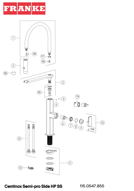 Vue eclaté piece detachee franke Centinox plus semi pro 115.0547.855